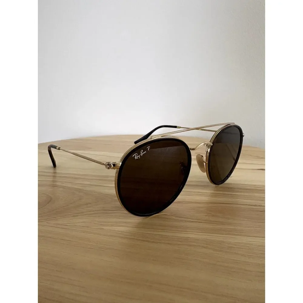 Ray-Ban Round Double Bridge Polarized Brown Sunglasses Gold Frame RB3647N 51mm